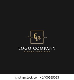 Initials signature letters HA linked inside minimalist luxurious square line box vector logo gold color designs for brand, identity, invitations, hotel, boutique, jewelry, photography or company signs