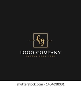 Initials signature letters HG linked inside minimalist luxurious square line border vector logo gold color design for brand, identity, invitations, hotel, boutique, jewelry, photography, company signs