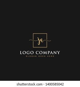 Initials signature letters JA linked inside minimalist luxurious square line box vector logo gold color designs for brand, identity, invitations, hotel, boutique, jewelry, photography or company signs