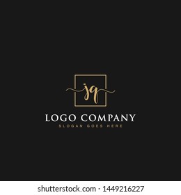 Initials signature letters JQ linked inside minimalist luxurious square line border vector logo gold color design for brand, identity, invitations, hotel, boutique, jewelry, photography, company signs