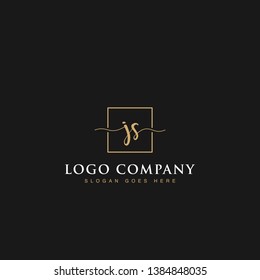 Initials signature letters JS linked inside minimalist luxurious square line box vector logo gold color designs isolated in black background for brand, hotel, boutique, jewelry, restaurant or company