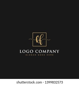 Initials signature letters KF linked inside minimalist luxurious square line box vector logo gold color designs for brand, identity, invitations, hotel, boutique, jewelry, photography or company signs