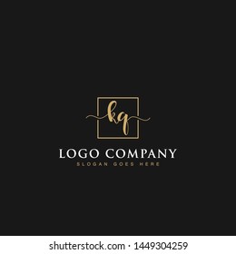 Initials signature letters KQ linked inside minimalist luxurious square line border vector logo gold color design for brand, identity, invitations, hotel, boutique, jewelry, photography, company signs