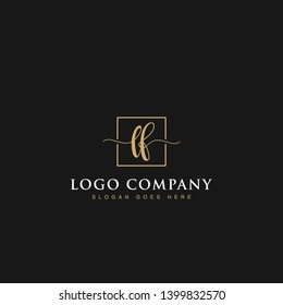 Initials signature letters LF linked inside minimalist luxurious square line box vector logo gold color designs for brand, identity, invitations, hotel, boutique, jewelry, photography or company signs