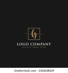 Initials signature letters LG linked inside minimalist luxurious square line border vector logo gold color design for brand, identity, invitations, hotel, boutique, jewelry, photography, company signs