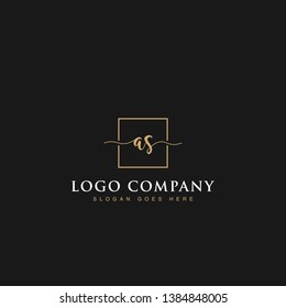 Initials signature letters AS linked inside minimalist luxurious square line box vector logo gold color designs isolated in black background for brand, hotel, boutique, jewelry, restaurant or company