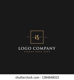 Initials signature letters IS linked inside minimalist luxurious square line box vector logo gold color designs isolated in black background for brand, hotel, boutique, jewelry, restaurant or company