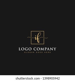 Initials signature letters IF linked inside minimalist luxurious square line box vector logo gold color designs for brand, identity, invitations, hotel, boutique, jewelry, photography or company signs