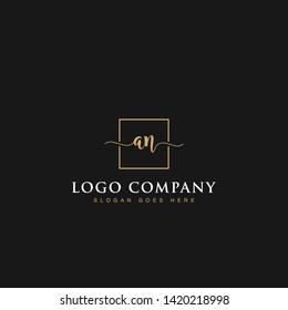 Initials signature letters AN linked inside minimalist luxurious square line box vector logo gold color designs for brand, identity, invitations, hotel, boutique, jewelry, photography or company signs