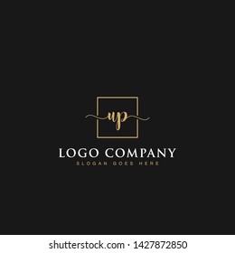 Initials signature letters UP linked inside minimalist luxurious square line box vector logo gold color designs for brand, identity, invitations, hotel, boutique, jewelry, photography or company signs