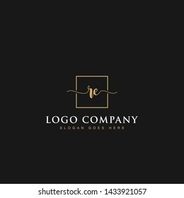 Initials signature letters RE linked inside minimalist luxurious square line box vector logo gold color designs for brand, identity, invitations, hotel, boutique, jewelry, photography or company signs