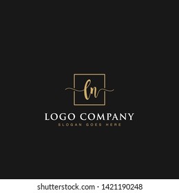 Initials signature letters LN linked inside minimalist luxurious square line box vector logo gold color designs for brand, identity, invitations, hotel, boutique, jewelry, photography or company signs