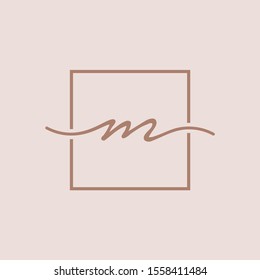 Initials signature letters M linked inside minimalist luxurious square line box.  logo designs for brand, identity, invitations, hotel, boutique, jewelry, photography or company signs - VECTOR