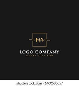 Initials signature letters MA linked inside minimalist luxurious square line box vector logo gold color designs for brand, identity, invitations, hotel, boutique, jewelry, photography or company signs