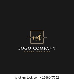Initials signature letters MD linked inside minimalist luxurious square line box vector logo gold color designs for brand, identity, invitations, hotel, boutique, jewelry, photography or company signs