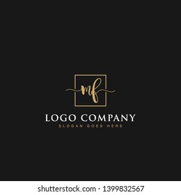 Initials signature letters MF linked inside minimalist luxurious square line box vector logo gold color designs for brand, identity, invitations, hotel, boutique, jewelry, photography or company signs