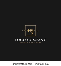 Initials signature letters MG linked inside minimalist luxurious square line border vector logo gold color design for brand, identity, invitations, hotel, boutique, jewelry, photography, company signs