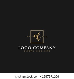 Initials signature letters NL linked inside minimalist luxurious square line box vector logo gold color designs for brand, identity, invitations, hotel, boutique, jewelry, photography or company signs
