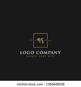 Initials signature letters NS linked inside minimalist luxurious square line box vector logo gold color designs isolated in black background for brand, hotel, boutique, jewelry, restaurant or company