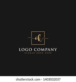Initials signature letters OK linked inside minimalist luxurious square line box vector logo gold color designs for brand, identity, invitations, hotel, boutique, jewelry, photography or company signs
