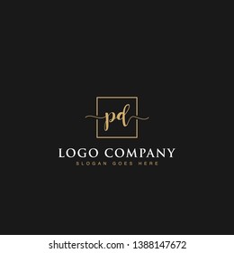 Initials signature letters PD linked inside minimalist luxurious square line box vector logo gold color designs for brand, identity, invitations, hotel, boutique, jewelry, photography or company signs