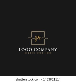 Initials signature letters PE linked inside minimalist luxurious square line box vector logo gold color designs for brand, identity, invitations, hotel, boutique, jewelry, photography or company signs