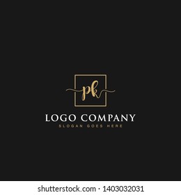 Initials signature letters PK linked inside minimalist luxurious square line box vector logo gold color designs for brand, identity, invitations, hotel, boutique, jewelry, photography or company signs