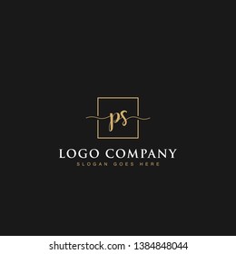 Initials signature letters PS linked inside minimalist luxurious square line box vector logo gold color designs isolated in black background for brand, hotel, boutique, jewelry, restaurant or company