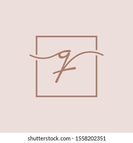 Initials signature letters Q linked inside minimalist luxurious square line box.  logo designs for brand, identity, invitations, hotel, boutique, jewelry, photography or company signs - VECTOR