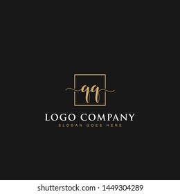 Initials signature letters QQ linked inside minimalist luxurious square line border vector logo gold color design for brand, identity, invitations, hotel, boutique, jewelry, photography, company signs
