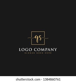 Initials signature letters QS linked inside minimalist luxurious square line box vector logo gold color designs isolated in black background for brand, hotel, boutique, jewelry, restaurant or company
