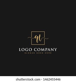 Initials signature letters QT linked inside minimalist luxurious square line border vector logo gold color design for brand, identity, invitations, hotel, boutique, jewelry, photography, company signs