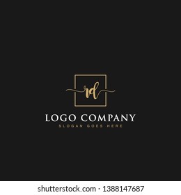 Initials signature letters RD linked inside minimalist luxurious square line box vector logo gold color designs for brand, identity, invitations, hotel, boutique, jewelry, photography or company signs