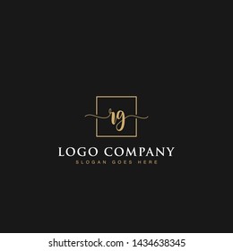 Initials signature letters RG linked inside minimalist luxurious square line border vector logo gold color design for brand, identity, invitations, hotel, boutique, jewelry, photography, company signs