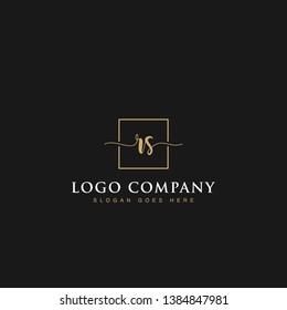 Initials signature letters RS linked inside minimalist luxurious square line box vector logo gold color designs isolated in black background for brand, hotel, boutique, jewelry, restaurant or company