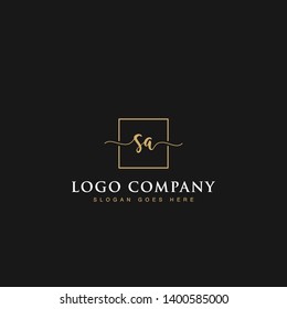 Initials signature letters SA linked inside minimalist luxurious square line box vector logo gold color designs for brand, identity, invitations, hotel, boutique, jewelry, photography or company signs