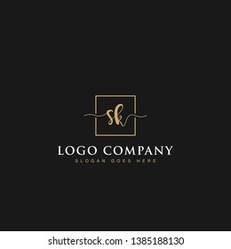 Initials signature letters SK linked inside minimalist luxurious square line box vector logo gold color designs for brand, identity, invitations, hotel, boutique, jewelry, photography or company signs