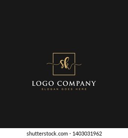 Initials signature letters SK linked inside minimalist luxurious square line box vector logo gold color designs for brand, identity, invitations, hotel, boutique, jewelry, photography or company signs