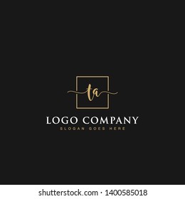 Initials signature letters TA linked inside minimalist luxurious square line box vector logo gold color designs for brand, identity, invitations, hotel, boutique, jewelry, photography or company signs