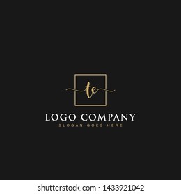 Initials signature letters TE linked inside minimalist luxurious square line box vector logo gold color designs for brand, identity, invitations, hotel, boutique, jewelry, photography or company signs