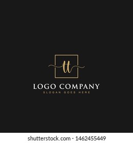 Initials signature letters TT linked inside minimalist luxurious square line border vector logo gold color design for brand, identity, invitations, hotel, boutique, jewelry, photography, company signs