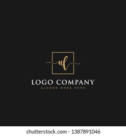 Initials signature letters UL linked inside minimalist luxurious square line box vector logo gold color designs for brand, identity, invitations, hotel, boutique, jewelry, photography or company signs