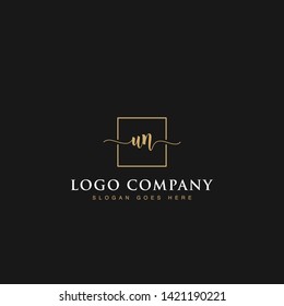 Initials signature letters UN linked inside minimalist luxurious square line box vector logo gold color designs for brand, identity, invitations, hotel, boutique, jewelry, photography or company signs