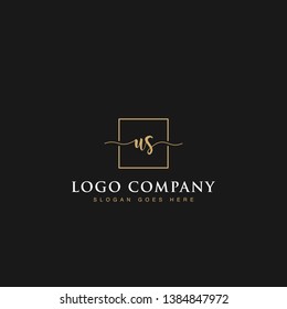 Initials signature letters US linked inside minimalist luxurious square line box vector logo gold color designs isolated in black background for brand, hotel, boutique, jewelry, restaurant or company