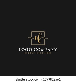 Initials signature letters VF linked inside minimalist luxurious square line box vector logo gold color designs for brand, identity, invitations, hotel, boutique, jewelry, photography or company signs