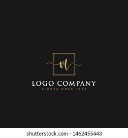 Initials signature letters VT linked inside minimalist luxurious square line border vector logo gold color design for brand, identity, invitations, hotel, boutique, jewelry, photography, company signs