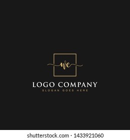 Initials signature letters WE linked inside minimalist luxurious square line box vector logo gold color designs for brand, identity, invitations, hotel, boutique, jewelry, photography or company signs