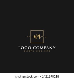 Initials signature letters WN linked inside minimalist luxurious square line box vector logo gold color designs for brand, identity, invitations, hotel, boutique, jewelry, photography or company signs