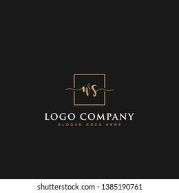 Initials signature letters WS linked inside minimalist luxurious square line box vector logo gold color designs for brand, identity, invitations, hotel, boutique, jewelry, photography or company signs
