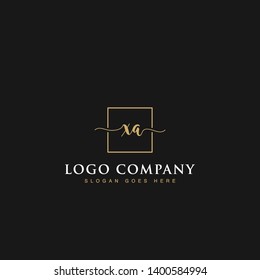 Initials signature letters XA linked inside minimalist luxurious square line box vector logo gold color designs for brand, identity, invitations, hotel, boutique, jewelry, photography or company signs